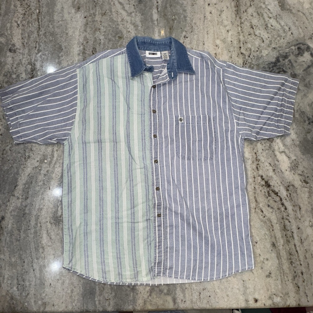 VTG 90s Gitano Men's Button Down Short Sleeve Denim Blue Shirt Striped Sz L